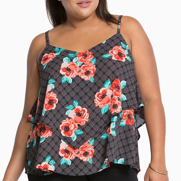 Torrid Tops - NEW Torrid Black & Coral Floral Tiered Cami